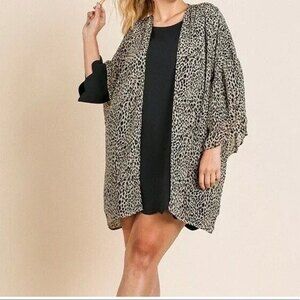Umgee USA Kimono Cardigan Beige Stone Leopard Animal Print Boho Peasant Size M/L